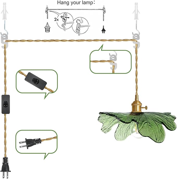2 Pack Plug in Pendant Light 14.75ft Hanging Light with Plug in Cord Hand Blown Green Glass Pendant Lamp Brass Pendant Light Plug in Hanging Lamp for Kitchen Bedroom Living Dining Room