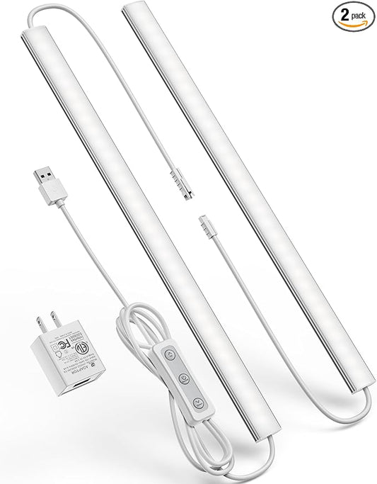 Plug-in Under Cabinet Lighting, Dimmable Counter Lights for Kitchen, 2pcs 12 Inch, Cold White 6000K Linkable USB Led Closet Light, Wired Indoor Night Lights Bar for Desk, Sink,Workbench