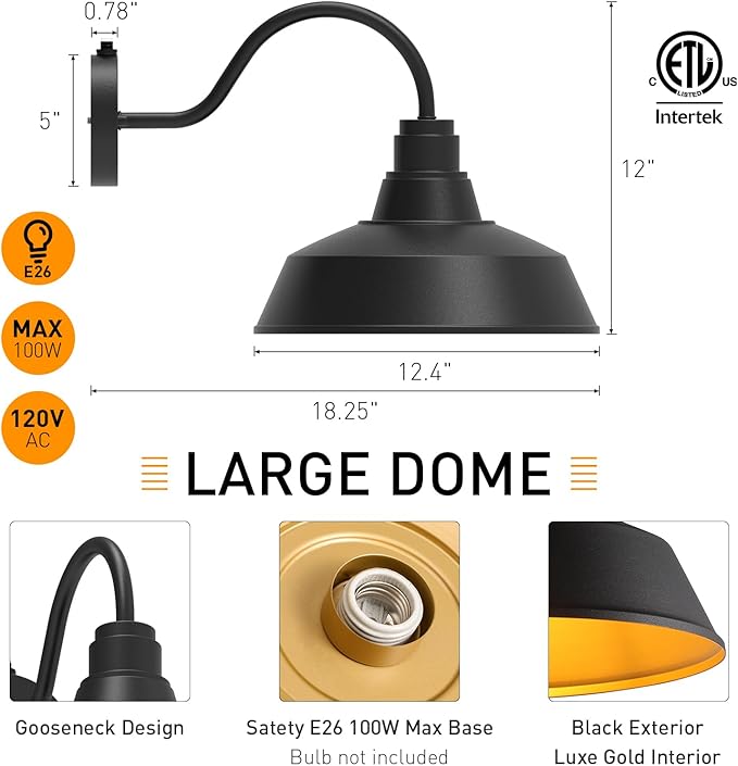 12.4'' Barn Lights Outdoor, Dusk to Dawn Outdoor Lighting Wall Mount, Farmhouse Outdoor Wall Sconce Vintage Dome Gooseneck Barn Light for Porch Garage Patio, Waterproof Rustproof, 2-Pack