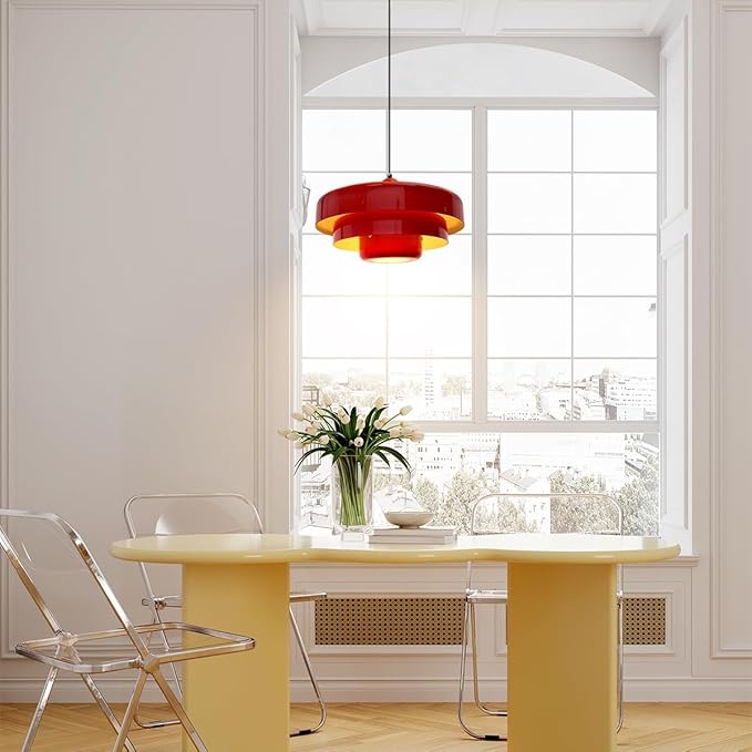 Red Pendant Light, Industrial Metal Pendant Light Fixtures, 3-Layer Shade Design, 13.8-inch Dome, Red Finish, Kitchen Light Fixtures for Dining Table