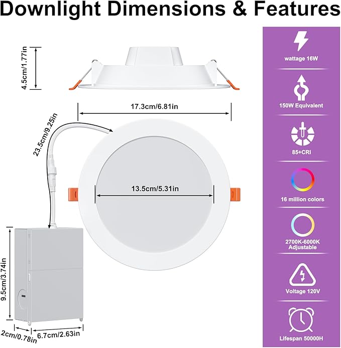 Smart Recessed Lighting 6 Inch RGBCW Color Changing 16W LED Downlight with Junction Box,1350 Lumen Recessed Ceiling Light Compatible with Alexa,Dimmable by Bluetooth Control -12Pack
