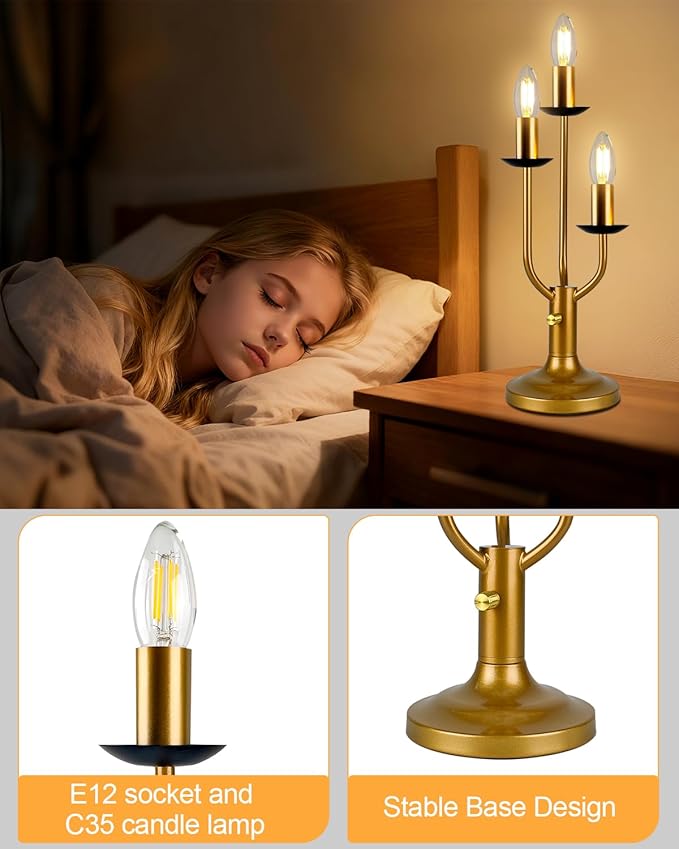 Lightdot Vintage Candle Table Lamp 3 - Light Candelabra Desk Lamp for Wedding/Party, 3000K Warm White Mid Century Nightstand Lamp Dimmable Bedside Lamps for Bedroom/Dining - Gold