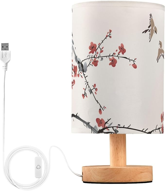 Bedside Table Lamp Japanese Cherry Blossom Nightstand Lamp with Wood Wintersweet Bird Vinter Floral Desk Lamps for Bedroom Living Room Nursery Office Home Decor