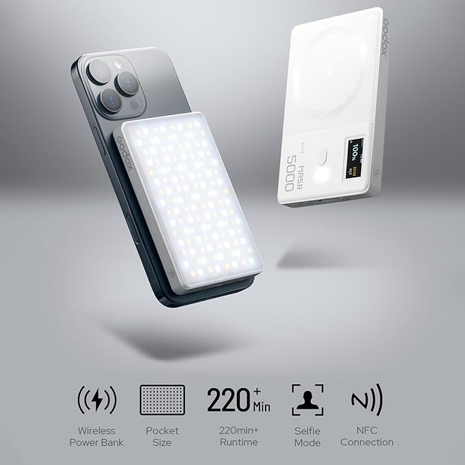 Godox MA5R Magnetic Charging RGB Video Light Pocket LED Fill Light for Phone Photography Light 1800K-10000K Dimmabe 14 FX Effects Built-in Battery APP Control Work as Wireless Power Bank