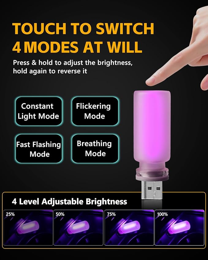 2PCS USB Lights for Car, Retro LED Car Interior Lamp Ambient Lighting, Universal USB Plug Lights for Cars, bedrooms, Camping, Parties, Frosted Glass Bottle Decorative Night Light, Light Purple