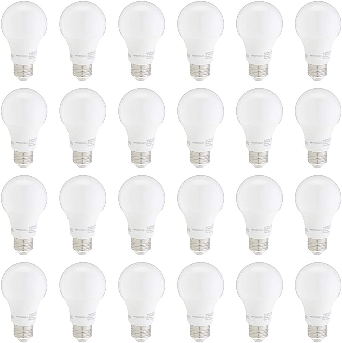Amazon Basics A19 LED Light Bulb, 60 Watt Equivalent, Energy Efficient 9W, E26 Standard Base, Soft White 2700K, Non-Dimmable, 10,000 Hour Lifetime, 24-Pack