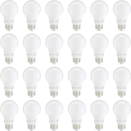 Amazon Basics A19 LED Light Bulb, 60 Watt Equivalent, Energy Efficient 9W, E26 Standard Base, Soft White 2700K, Non-Dimmable, 10,000 Hour Lifetime, 24-Pack
