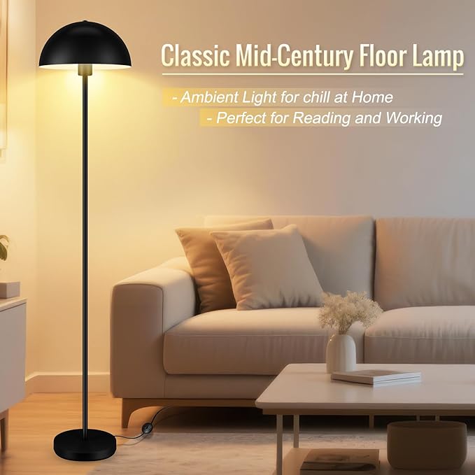 Modern Floor Lamps for Living Room, Black Metal Mushroom Lamp, 66" Tall Corner Lamp, Footswitch, Bright Industrial Standing Lamps for Bedroom Nursery, Mid Century Modern Home Decor(E26 Base, NO BULB)