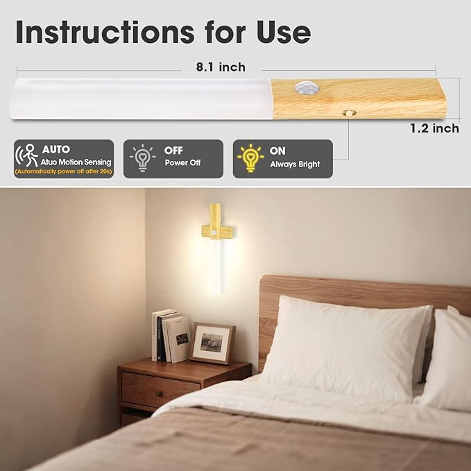 LAVAED Motion Sensor Lights Indoor,LED Rechargeable Battery Operated Wall Sconce Magnetic Stairway Night Light Wireless Portable Decor Lighting for Bedroom, Hallway, Picture,6000K Strip Base