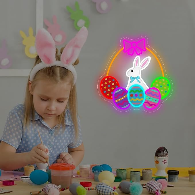 Easter Bunny Neon Sign Dimmable Happy Easter Neon Sign for Wall Decor Led Egg Basket Light Up Sign Bunny Hanging Decoration for Window