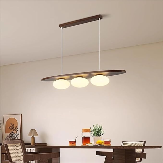 Scandinavian Modern Wood Pendant Light, 3-Light Linear Hanging Fixture with White Glass Globes for Dining Room Kitchen Island, Wood Finish, Adjustable(Walnut)