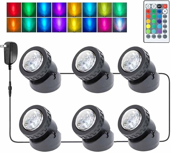 Pond Lights, Colored Fountain Lights with Timer, IP68 Waterproof Underwater LED Dimmable Outdoor Spotlights for Pond Fountain Waterfall Lawn Garden Landscape, 6 Lights Pack