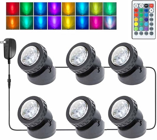 Pond Lights, Colored Fountain Lights with Timer, IP68 Waterproof Underwater LED Dimmable Outdoor Spotlights for Pond Fountain Waterfall Lawn Garden Landscape, 6 Lights Pack