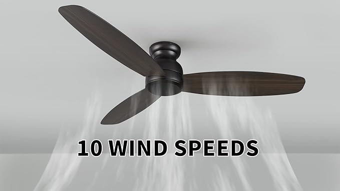 CEME 60 Inch Flush Mount Ceiling Fan without Lights, Black Ceiling Fan with Remote Low Profile, 10-Speed Reversible DC Motor, 3 Dual Finish Blades, Indoor for Bedroom