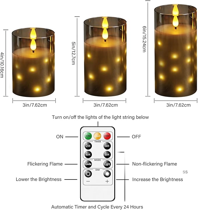 Real Wax Flameless Candles Glass,Battery Operated LED Candles with Flickering Flame,Glass Shell,Interior Star Light Decoration Set of 3 Grey (D 3"×H 4" 5" 6") for Home Decor,Holiday Decoration