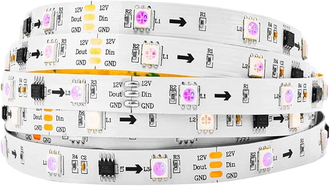 BTF-LIGHTING WS2811 IC=RGB+IC Addressable Dream Color LED Strip 16.4FT 30LEDs/m 10Pixels/m Non-Waterproof White PCB Flexible DC12V Chasing Effect for Indoor Home Decor(No Adapter or Controller)