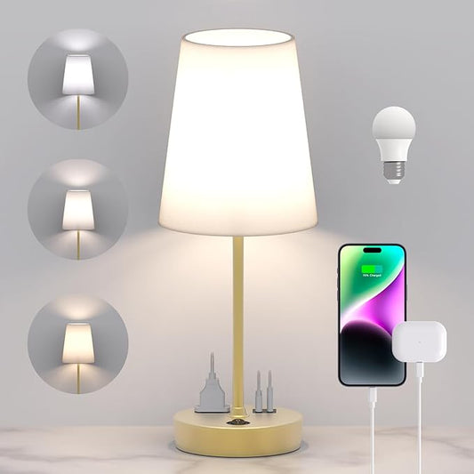 Addtam Bedside Table Lamp for Bedroom, 3-Way Dimmable Lamp with AC Outlet and USB C Charging Ports(PD 20W), Lamps with Shade for Night Stands, Living Room, Desk, and Home Office