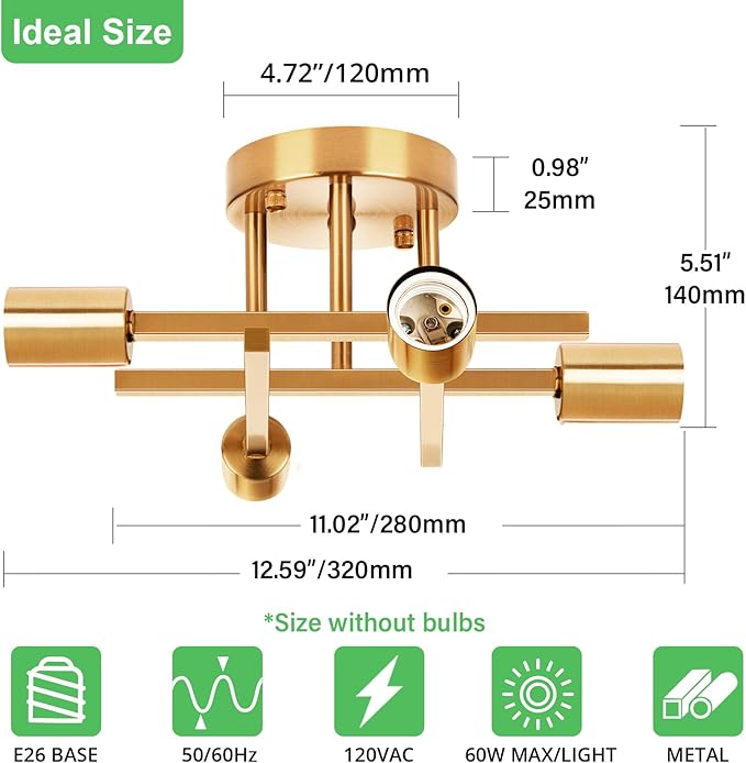 SunRider Industrial 4-Light Semi Flush Mount Ceiling Light Fixture, Modern Lighting Brushed Golden, Rustic Sputnik Chandelier for Kitchen Living Room