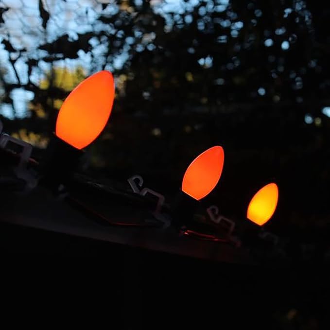 C9 Ceramics Orange String Lights, 25Ft Outdoor Halloween String Light with 26 Ceramics Orange Bulbs(1 Spare), Halloween Lights for Indoor Outdoor Party Holiday Decor, Black Wire