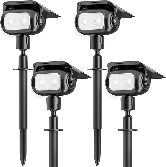 Nreonrick Solar Spot Lights Outdoor Waterproof, 360° Adjustable Landscape Lighting with 2Lighting Mode, Auto On/Off Solar Lights Outdoor for Wall Pathway Garden Decorations (Cool White, 4 Pack)