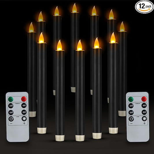 Flameless Taper Candles 10" Dripless Battery Operated Taper Candles Included Remote Timer 400+ Hours by 2AA Batteries for Halloween Christmas Wedding (Black, 12 Pack)