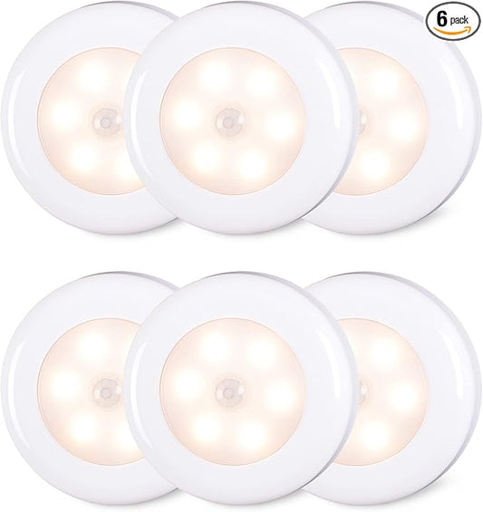STAR-SPANGLED 6 Pack 2.8” Motion Sensor Lights Indoor AAA Battery Operated, Stick on LED Puck Light for Stairs, Under Cabinet, Closet, Warm White