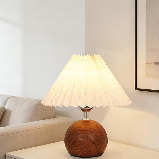 Small Pleated Table Lamp, Modern Bedside Nightstand Lamp with Pleated Shade, Cute LED Table Lamp for Bedroom, Mid-Century Night Light with Pleated Linen Shade(E26 Bulb Included)