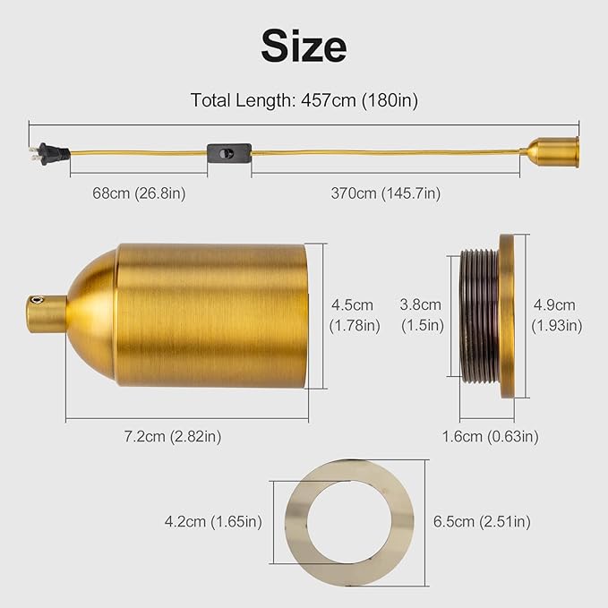 Hanging Lights with Plug in Pendant Cord Switch Golden Light Bulb Socket with Industrial Extension Rope DIY lamp Replacement Pendant Light kit Lantern Cord Porcelain Fixture Fabric Cable 15ft