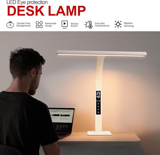 LED desk lamp for home office, architect computer work light,Touch color temperature stepless dimming and adjustable flexible gooseneck tube. desk lamp with clock , suitable for reading and studying.