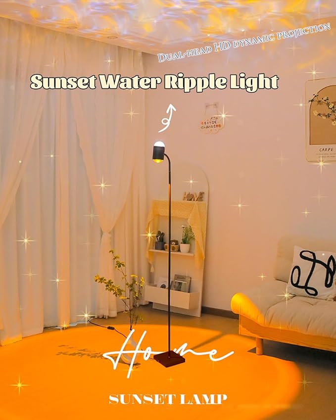 Black Sunset Lamp, 360 Degree Rotation Projection Led Lights Night Light, Multicolor Colors 3D Ocean Wave Lights, Modern Floor Lamp for Living Room Bedroom Office Dining Room Ambient Lighting