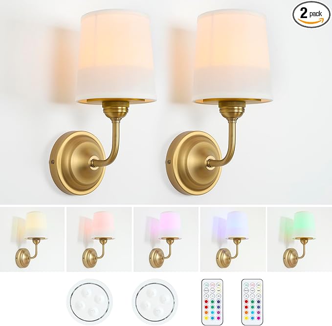 HEQIQEH Vintage Gooseneck Battery Operated Wall Sconce Light Fixture Set of 2 with Remote Control, Flared Funnel White Fabric Shade Dimmable Nightstand Lamps for Bedside Bedroom Living Room（antique-2）