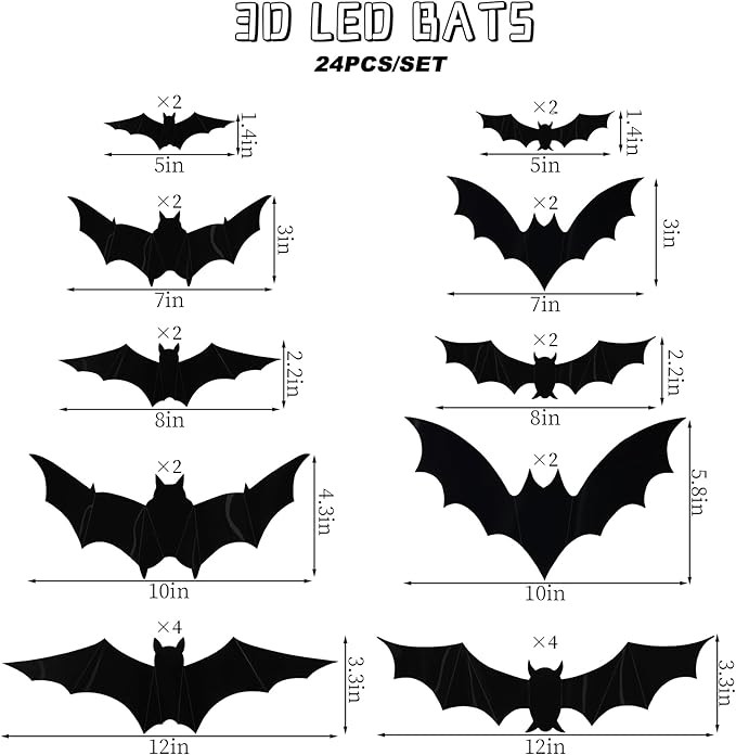 Halloween LED Bats Light Wall Stickers Glow in The Dark 3D Wall Decor for Home Decor Indoor Party Decorations (24, 5 Sizes)