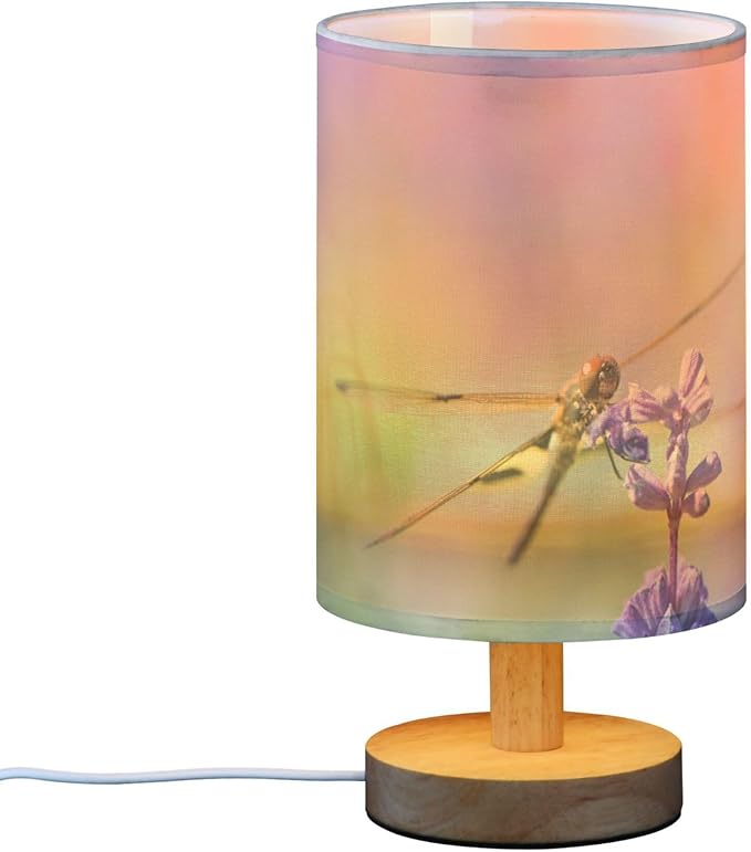 Table Lamp Dragonfly Lavender Purple Flower Nightstand Lamp with Wood Base Fabric Lamp Shade Bedside Desk Lamp for Living Room Bedroom Kids Room Office