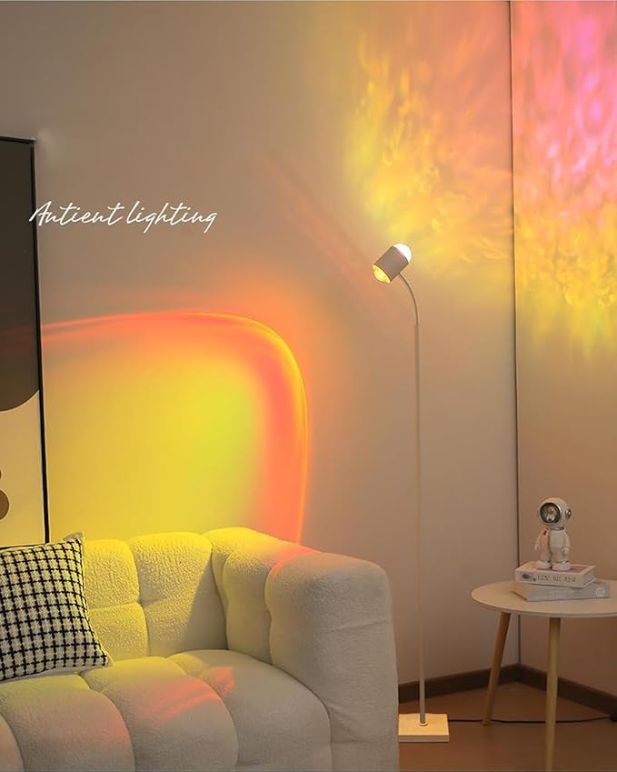 White Sunset Lamp, 360 Degree Rotation Projection Led Lights Night Light, Multicolor Colors 3D Ocean Wave Lights, Modern Floor Lamp for Living Room Bedroom Office Dining Room Ambient Lighting