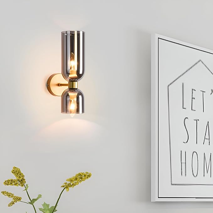 Mid Century Modern Wall Sconce, Gold Wall Light Set of Two 2-Light Modern Wall Lamp Smoke Grey Shade Wall Light for Restaurant Living Room Bedside Stairs Bathroom Mirror (Gold+Smoke Grey)
