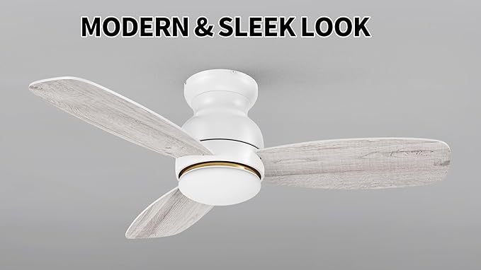 CEME 44 Inches White Ceiling Fan with Light Flush Mount, DC 10 Speeds Silent Ceiling Fan with Remote, 3 Dual Finish Blades, 3 Light Colors Dimmable LED for Living Room, Bedroom