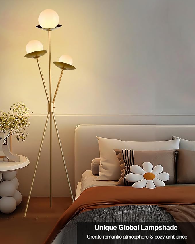 Lightdot Tripod Floor Lamp Dimmable Globe Floor Lamps with 3 LED Bulbs Included, 3000K Soft Warmwhite Modern Standing Lamps Gold Tall Lamp for Living Room/Bedroom/Sofa Beside/Corner Decor