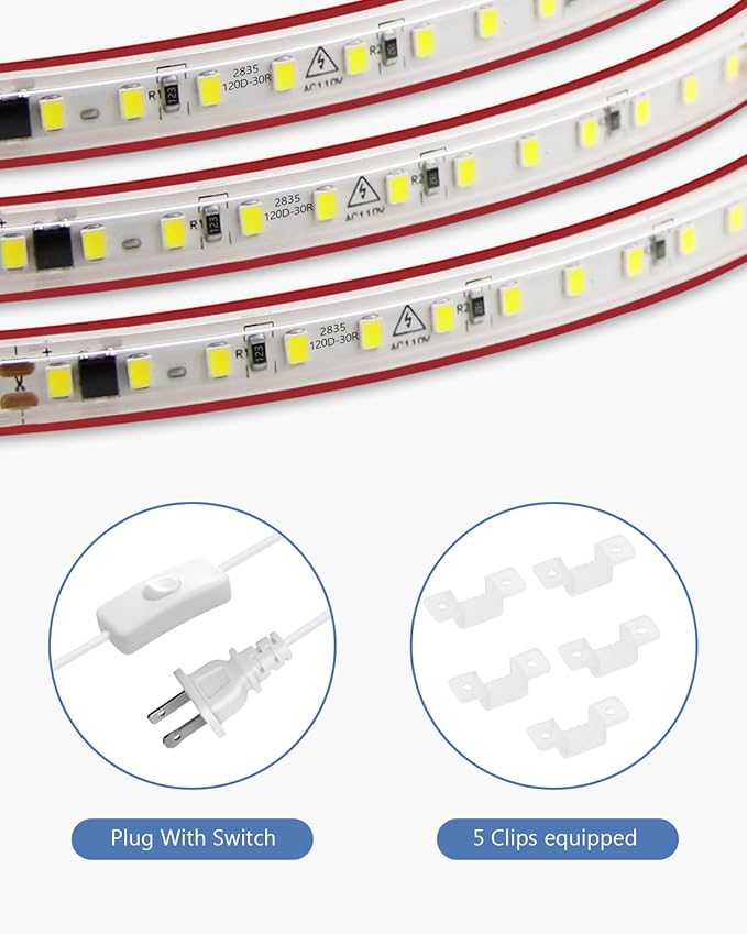 AC 110V LED Strip Lights Plug in with Switch Cold White 6000K 6.56FT/2M Self-Adhesive Flexible Outdoor Waterproof Ropes Light AC120V SMD2835 High Density 120LED/M LED Tape Light for Bedroom Patio