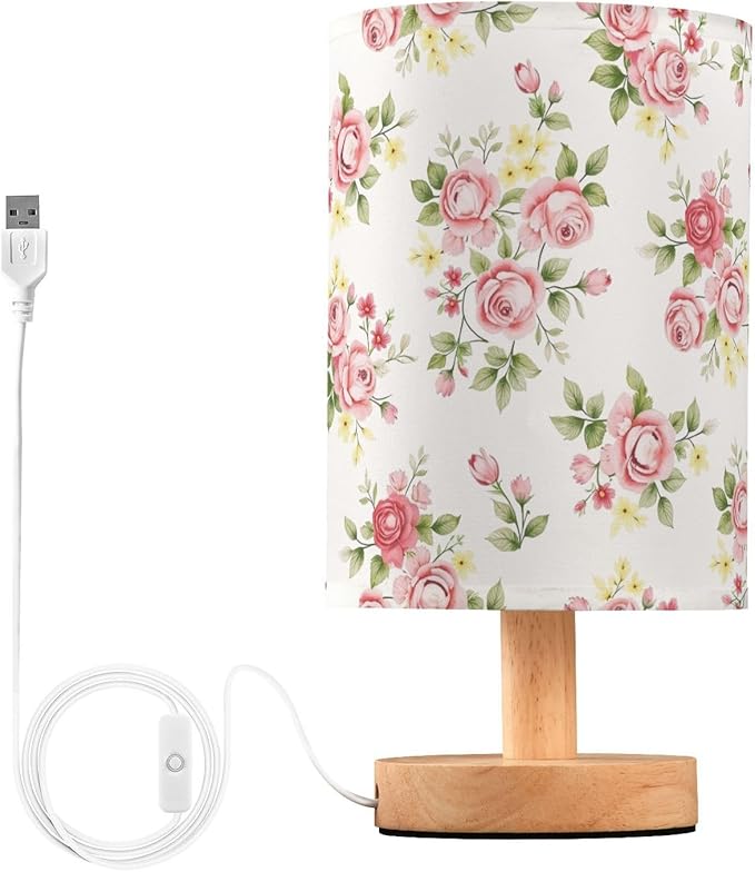 senya Flower Table Lamp for Bedroom Living Room, Pink Rose Flower Floral Bedside Lamps with USB Charging Ports Nightstand Light Lamps