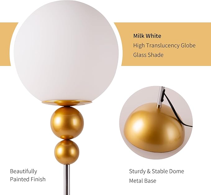 Modern Floor Lamps for Living Room, Globe Glass Shade Floor lamp for Bedroom, LED Standing lamp for Office, Corner