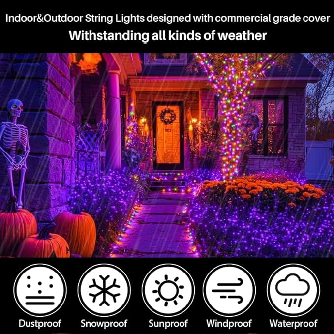 LAMPHOME 50 LED Outdoor Halloween Lights, 16 FT Mini String Light with 9 Modes & 6 Hour Timer, Waterproof Battery Operated for Indoor Outdoor Patio Garden Party Tree Decoration, Orange Purple