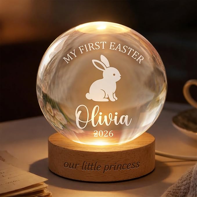 Personalized Easter Bunny Crystal Ball LED Lamp, Custom Name Glass Globe Night Light, Spring Home Decor Accent Light with Wooden Base, My First Easter Keepsake Gift for Family and Bedroom Display