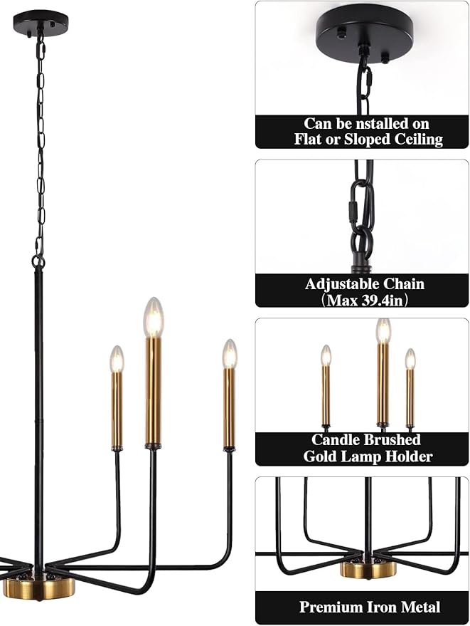 ETONIMERR Modern Farmhouse Chandelier Light Fixture Ceiling Hanging, 6-Light Black and Gold Industrial Chandelier for Dining Room, Rustic Candle Pendant Light for Kitchen Island, Living Room