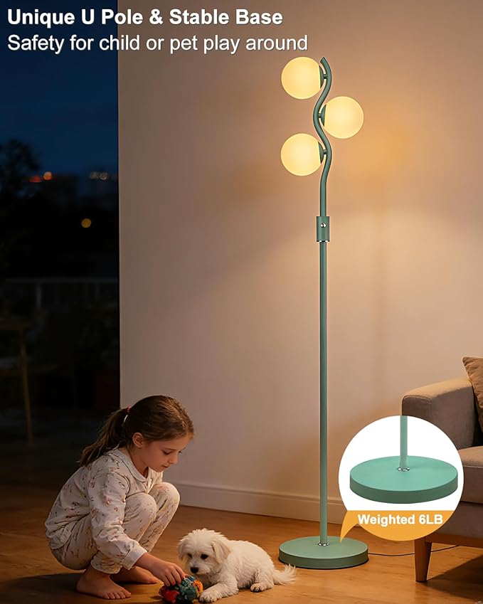 Lightdot 60IN Green Floor Lamp Stepless Dimmable Globe Floor Lamps with 3Pcs 3000K G9 Bulbs Eye-Friendly Mid Century Standing Lamps with Stable Base for Living Room/Bedroom/Corner