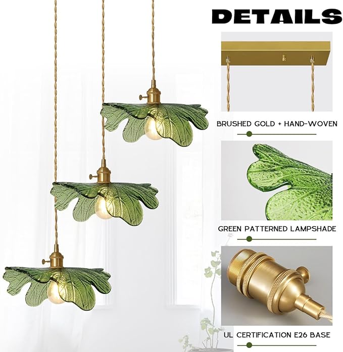 Glass Pendant Lights Kitchen Island Vintage Chandelier Modern Pendant Lighting 3-Light Hand Blown Gold Mid Century Modern Pendant lamp with Green Glass Shade for Dining Room Bedroom