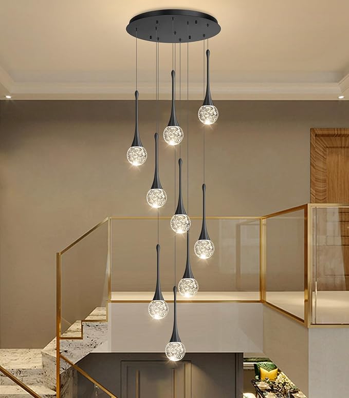 9 Light Modern Glam Crystal Chandelier for High Ceiling LED Dimmable Ceiling Pendant Light Staircase Foyer Enterway Living Room Chandelier Lighting Antique Black