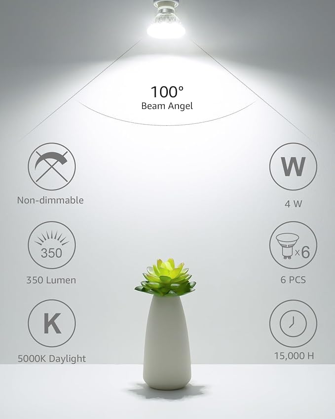 Lepro GU10 LED Light Bulbs Non-Dimmable, 5000K Daylight White GU10 Bulb Replacement for Recessed Track Lighting, 4W LED Bulbs with 100°Flood Beam for Kitchen, Range Hood, Living Room, Bedroom, 3 Pack