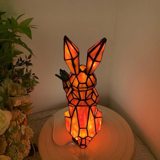 Bieye L10951 Rabbit Holds Carrot Tiffany Style Stained Glass Accent Table Lamp for Home Decor (Orange)