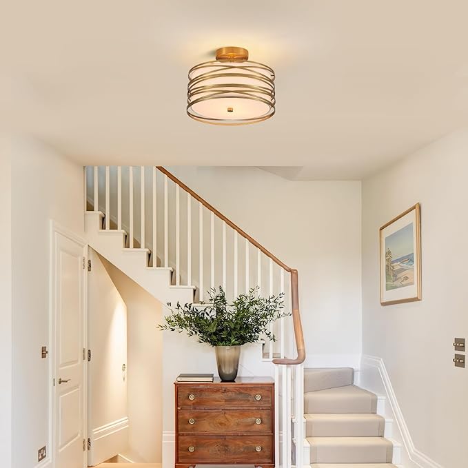 Drum Semi Flush Mount Ceiling Light Fixture Vintage 12.2“ Modern Farmhouse 2-Lights Linen Drum Ceiling Lighting Rustic Golden Ceiling lamp for Dining Room, Bedroom, Laundry Room, Basement