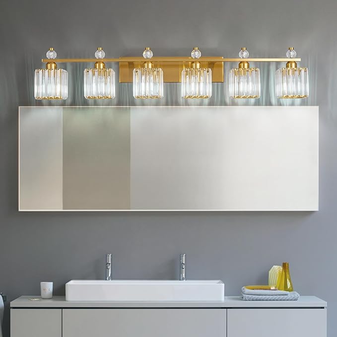 Vanity Lights 6-Light Modern Crystal Vanity Light Gold Bathroom Light Fixtures Over Mirror Crystal Bathroom Vanity Lighting Fixtures